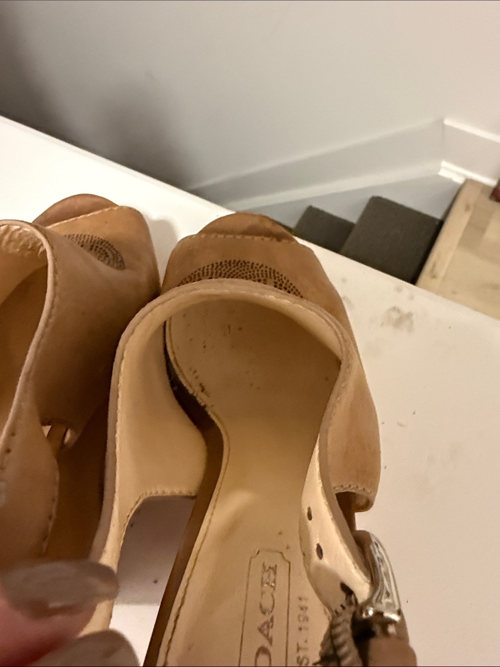 COACH Women's Tan Leather Perforated Slingback Wedge Sandals - Picture 9 of 10